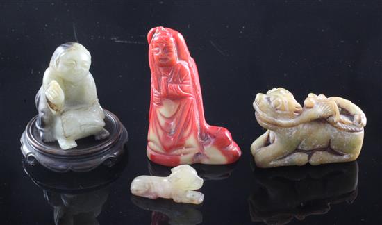 Two Chinese jade figures, a bowenite figure and a coral figure, 4.4cm